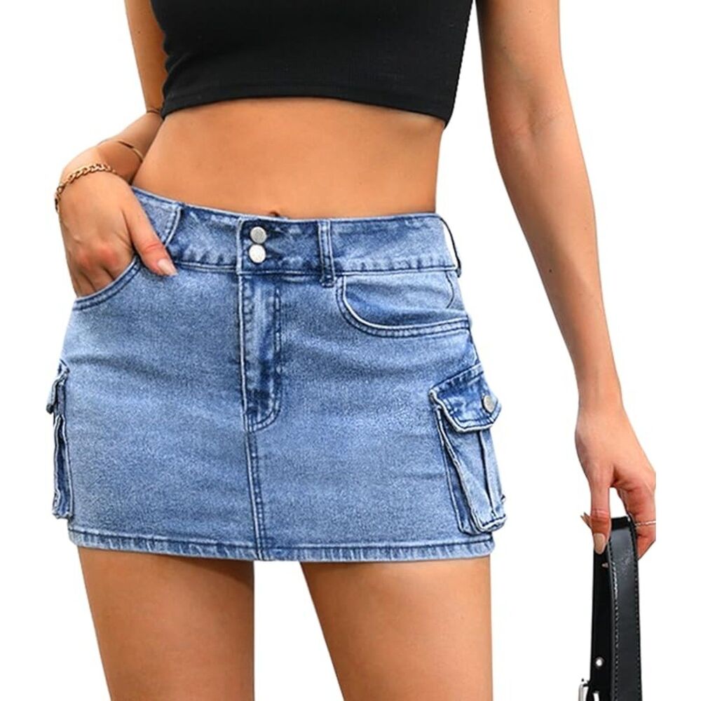 Y2k Low Waist Button Bodycon Denim Mini Skirt, XS, 15B-194B005